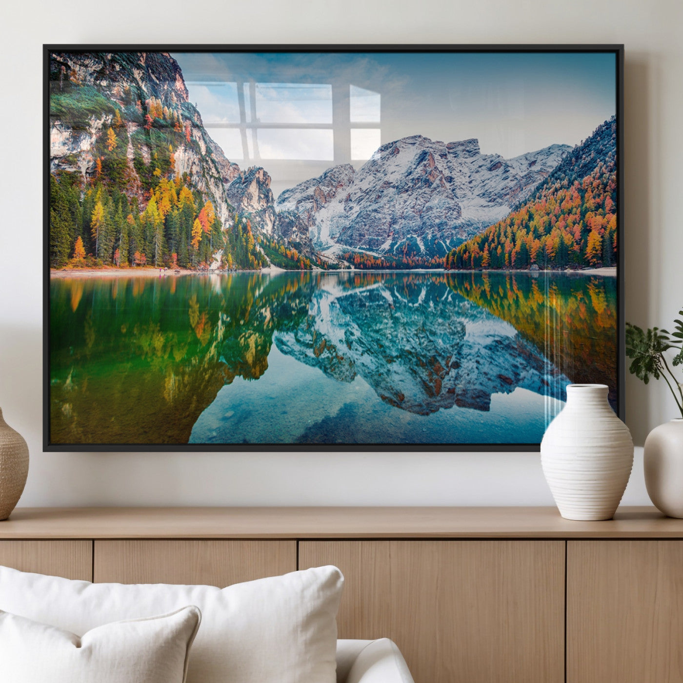 10402-MGV-FP-36X24-3P_Black-Snowy Mountain Lake Wall Art – Autumn Landscape Canvas Print with Reflection, Nature Decor for Living Room, Office, Bedroom or