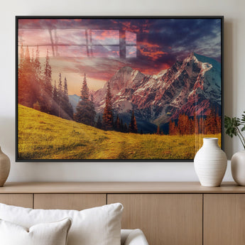 83947-MGV-FP-36X24-3P_Black-Sunset Mountain Landscape Wall Art – Panoramic Alpine Meadow and Snow Capped Peaks Canvas Print, Nature Scenic Decor for Home,