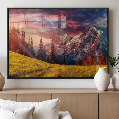 83947-MGV-FP-36X24-3P_Black-Sunset Mountain Landscape Wall Art – Panoramic Alpine Meadow and Snow Capped Peaks Canvas Print, Nature Scenic Decor for Home,