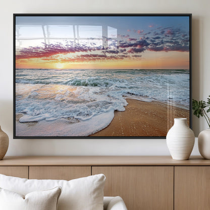 39560-MGV-FP-36X24-3P_Black-Sunrise Beach Wall Art – Vibrant Ocean Waves and Golden Sand Canvas Print, Seaside Coastal Decor for Living Room, Bedroom or