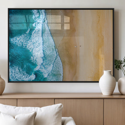 46640-MGV-FP-36X24-3P_Black-Aerial Beach Wall Art – Turquoise Waves and Golden Sand Canvas Print with Lone Surfer, Coastal Ocean Decor for Living Room,