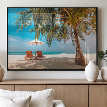 69754-MGV-FP-36X24-3P_Black-Tropical Beach Wall Art – Relaxing Palm Tree and Lounge Chairs Canvas Print, Serene Coastal Decor for Living Room, Bedroom, Office