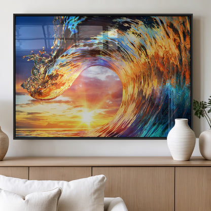 52890-MGV-FP-36X24-3P_Black-Surfing Wave Wall Art Canvas Print, Framed Sunset Ocean Art Picture Print, Ocean Wave Perfect Nautical Decor Artwork