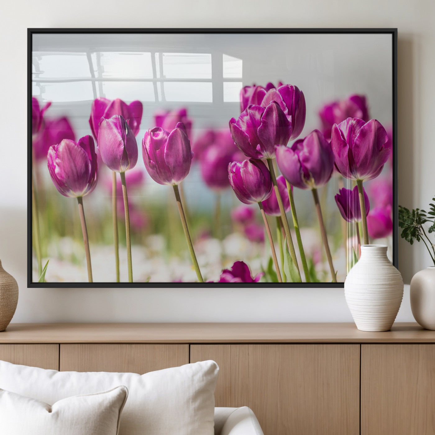 30632-MGV-FP-36X24-3P_Black-Purple Tulip Field Wall Art – Beautiful Spring Flowers Canvas Print with Soft Focus and Bright Sky, Ideal Floral Decor for Home or