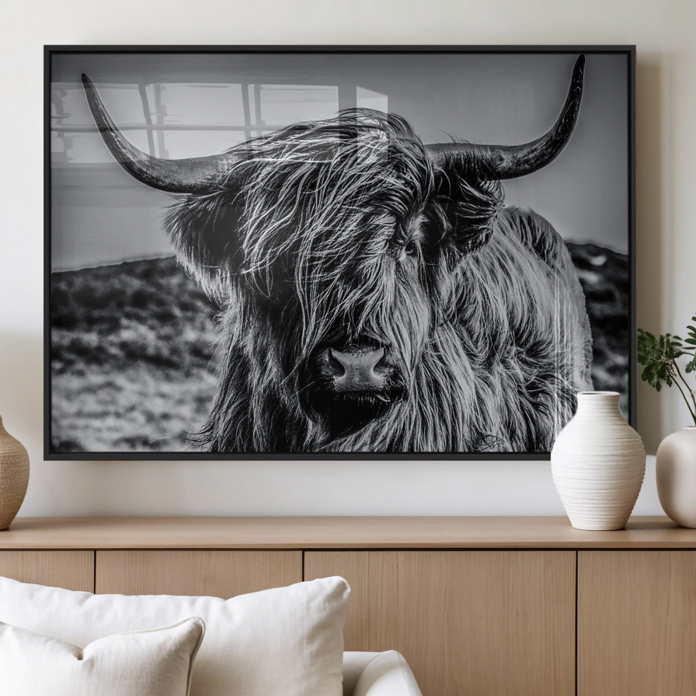 97372-MGV-FP-36X24-3P_Black-Elegant Highland Cow Wall Art – Black and White Canvas Print, Rustic Nature Decor for Home, Office, Living Room or Man Cave
