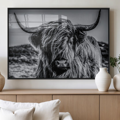 97372-MGV-FP-36X24-3P_Black-Elegant Highland Cow Wall Art – Black and White Canvas Print, Rustic Nature Decor for Home, Office, Living Room or Man Cave