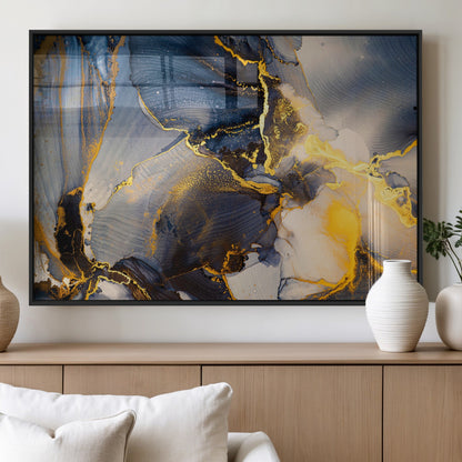42100-MGV-FP-36X24-3P_Black-Golden Flow Abstract Wall Art – Panoramic Modern Blue and Gold Canvas Print, Contemporary Artistic Decor for Home, Office