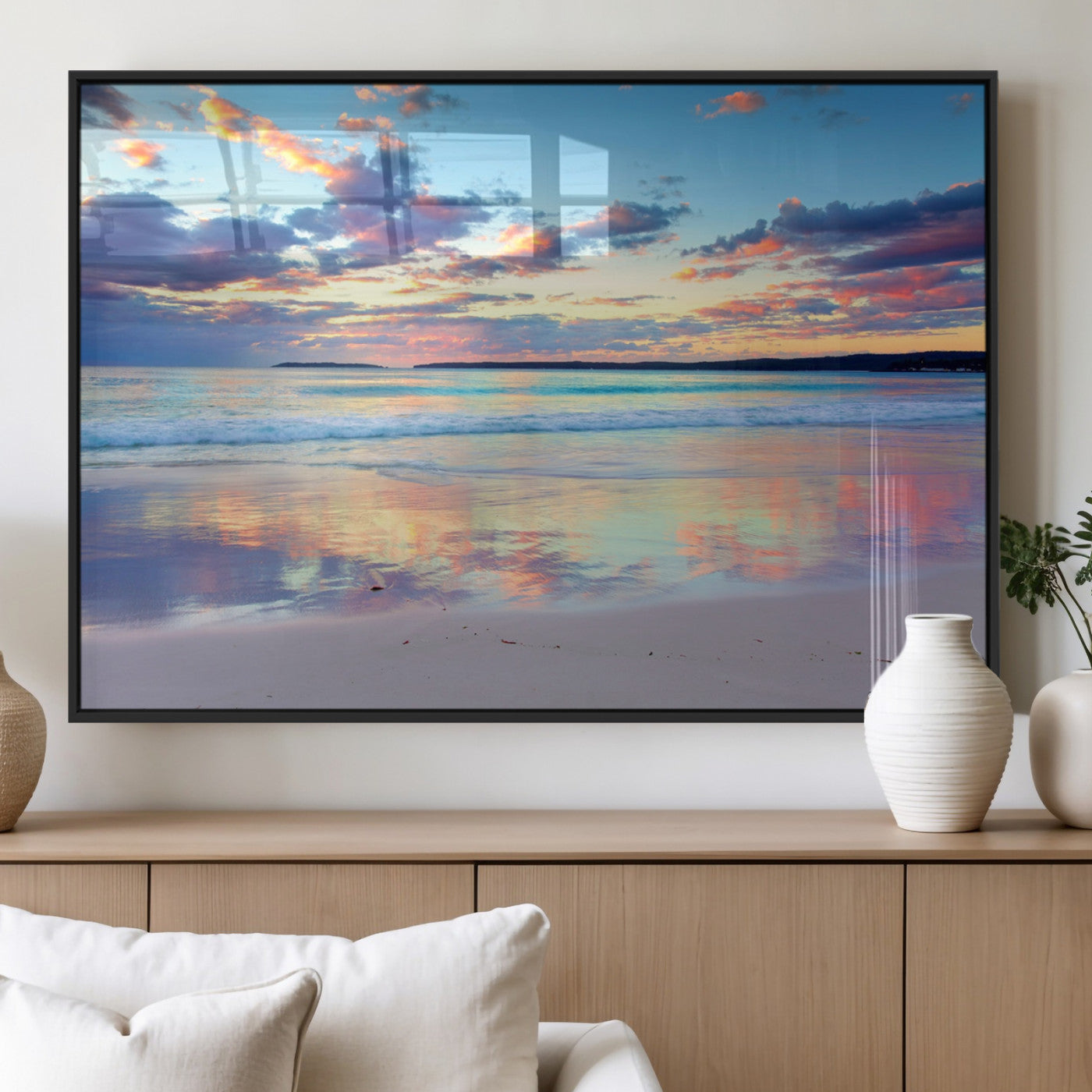 64882-MGV-FP-36X24-3P_Black-Tranquil Sunset Beach Wall Art – Panoramic Ocean Reflection Canvas Print, Calm Coastal Decor for Bedroom, Living Room or Office