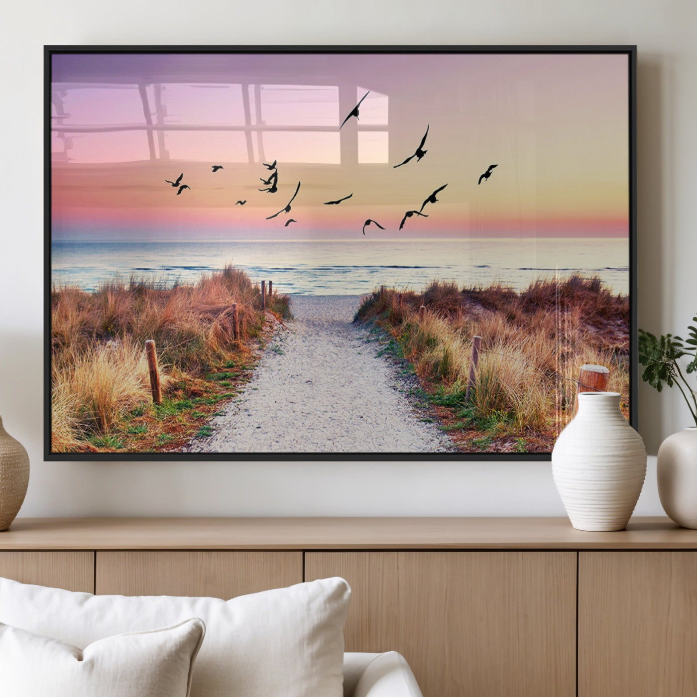 54411-MGV-FP-60X30-3P_Black-Beach Path with Birds Wall Art – Coastal Sunset Ocean Canvas Print, Seaside Nature Landscape Photography for Living Room, Bedroom