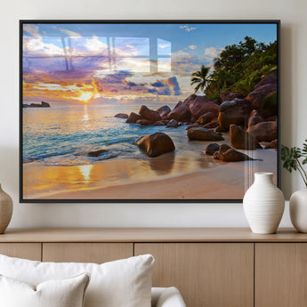 43209-MGV-FP-60X30-3P_Black-Tropical Beach Sunset Wall Art – Golden Ocean Waves and Palm Trees with Rocky Shore Canvas Print, Coastal Seascape Decor for