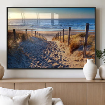 31889-MGV-FP-60X30-3P_Black-Sandy Beach Pathway Wall Art – Coastal Dune Fence and Ocean View Canvas Print, Relaxing Seaside Landscape Decor for Living Room or