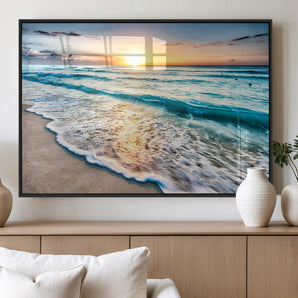 27815-MGV-FP-60X30-3P_Black-Ocean Sunrise Beach Wall Art – Serene Coastal Canvas Print with Waves and Golden Morning Light, Relaxing Seascape Decor for