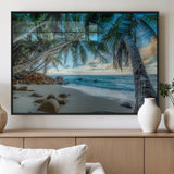 39679-MGV-FP-60X30-3P_Black-Tropical Palm Beach Wall Art – Serene Ocean Canvas Print with Palm Trees and Rocks, Coastal Paradise Decor for Living Room or