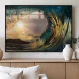38256-MGV-FP-60X30-3P_Black-Ocean Wave Wall Art – Stunning Sunrise Through Curling Wave Canvas Print, Coastal Surf Photography Seascape Decor for Living Room,