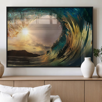 38256-MGV-FP-60X30-3P_Black-Ocean Wave Wall Art – Stunning Sunrise Through Curling Wave Canvas Print, Coastal Surf Photography Seascape Decor for Living Room,