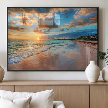41572-MGV-FP-60X30-3P_Black-Sunset Beach Wall Art – Ocean Waves and Palm Trees Canvas Print, Tropical Coastal Sunset Seascape Decor for Living Room, Bedroom