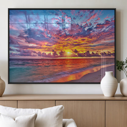 72836-MGV-FP-60X30-3P_Black-Fiery Sunset Beach Wall Art – Panoramic Vibrant Ocean Canvas Print, Dramatic Coastal Decor for Living Room, Bedroom or Office