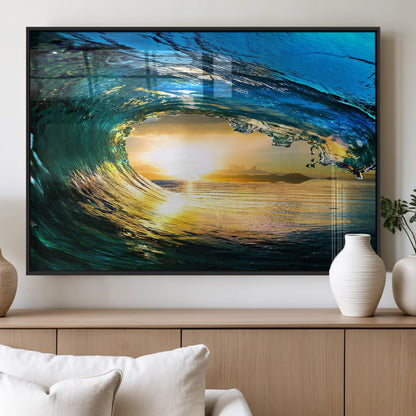 19378-MGV-FP-60X30-3P_Black-Ocean Wave Sunset Wall Art – Vibrant Surf and Golden Horizon Canvas Print, Coastal Seascape Photography for Living Room, Bedroom,