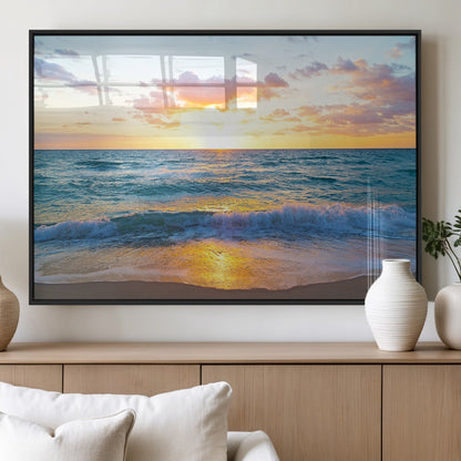 78006-MGV-FP-60X30-3P_Black-Golden Sunrise Ocean Wall Art – Panoramic Beach Waves Canvas Print, Coastal Seascape Artwork for Living Room, Bedroom, Office, or