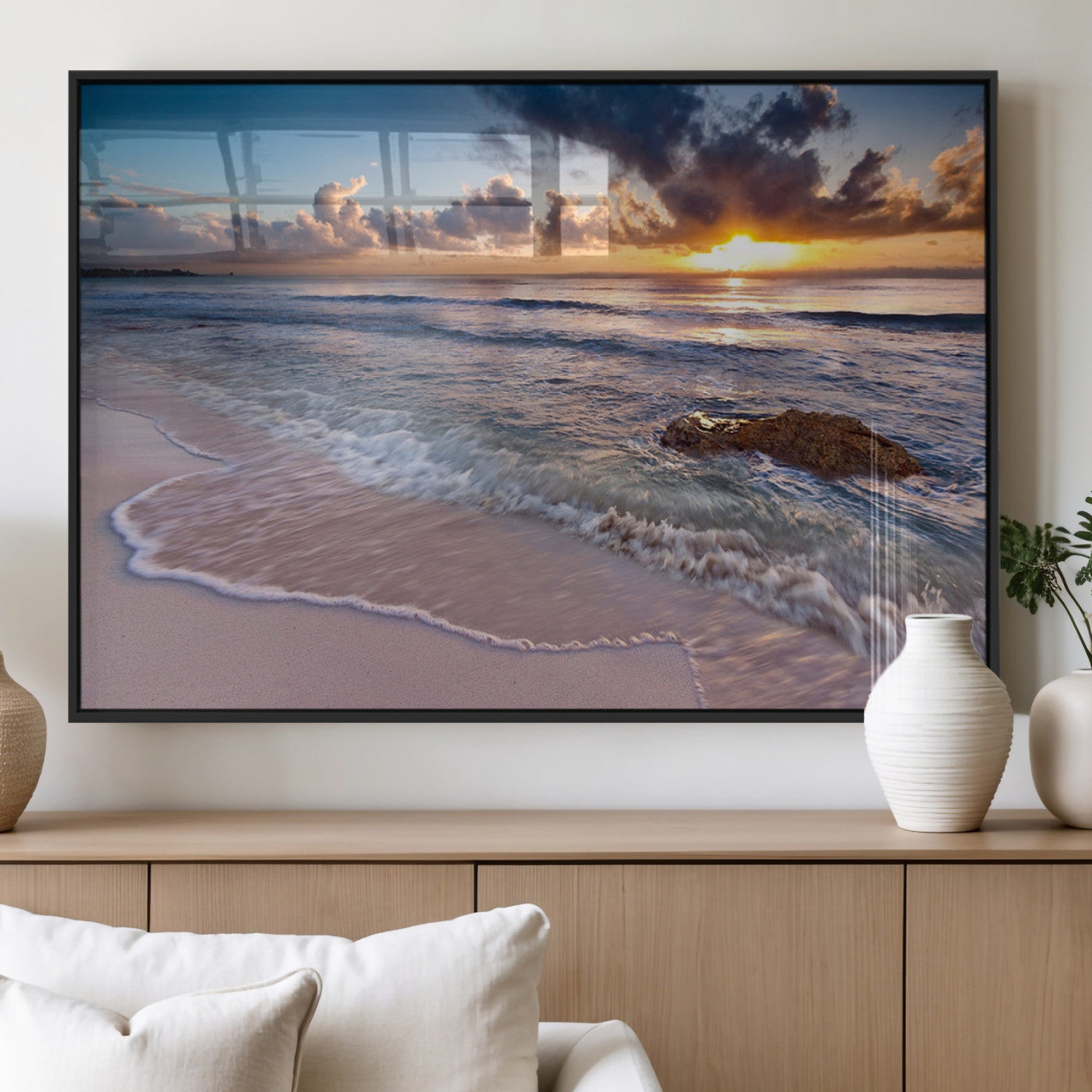 94906-MGV-FP-60X30-3P_Black-Sunrise Beach Wall Art – Panoramic Ocean Waves Canvas Print, Coastal Sunset Seascape Artwork for Living Room, Bedroom, or Office
