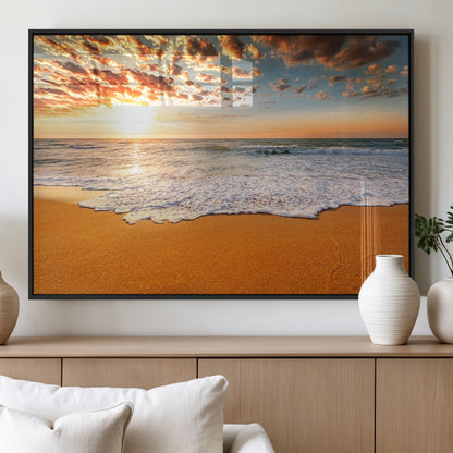 15399-MGV-FP-60X30-3P_Black-Golden Sunrise Beach Wall Art – Ocean Waves on Sandy Shore Canvas Print, Coastal Seascape Decor for Living Room or Bedroom