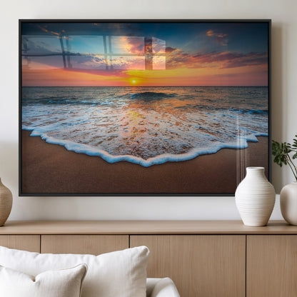 16110-MGV-FP-60X30-3P_Black-Ocean Sunset Wall Art – Vibrant Beach Waves and Horizon Canvas Print, Relaxing Coastal Seascape Decor for Living Room or Bedroom