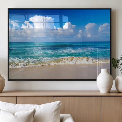 60364-MGV-FP-60X30-3P_Black-Tropical Ocean Wave Wall Art – Serene Blue Sea and White Sand Beach Canvas Print, Coastal Landscape Decor for Living Room, Bedroom