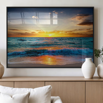50627-MGV-FP-60X30-3P_Black-Ocean Sunset Wall Art – Serene Beach Canvas Print with Waves and Golden Sky, Coastal Decor for Living Room or Office