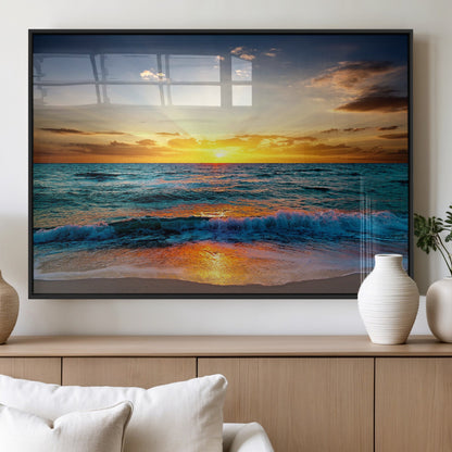 50627-MGV-FP-60X30-3P_Black-Ocean Sunset Wall Art – Serene Beach Canvas Print with Waves and Golden Sky, Coastal Decor for Living Room or Office