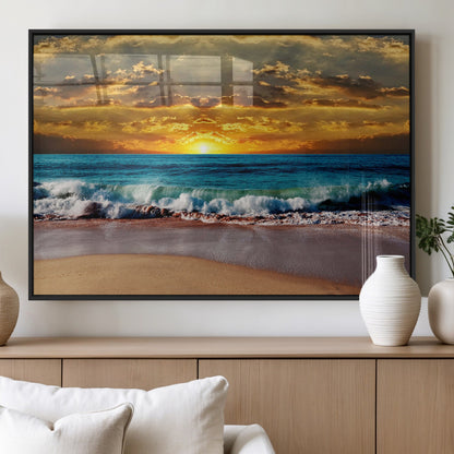 83389-MGV-FP-60X30-3P_Black-Ocean Sunrise Wall Art – Vibrant Beach Waves Canvas Print, Coastal Seascape Decor for Living Room or Office