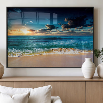88985-MGV-FP-60X30-3P_Black-Ocean Sunset Wall Art – Tranquil Beach Waves Canvas Print, Coastal Seascape Decor for Living Room or Office