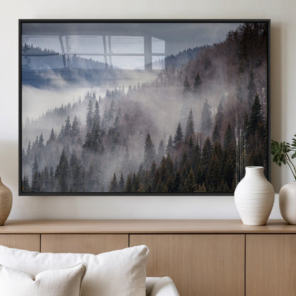18459-MGV-FP-60X30-3P_Black-Misty Pine Forest Wall Art – Serene Mountain Landscape Canvas Print, Tranquil Nature Artwork for Living Room, Bedroom, Cabin or