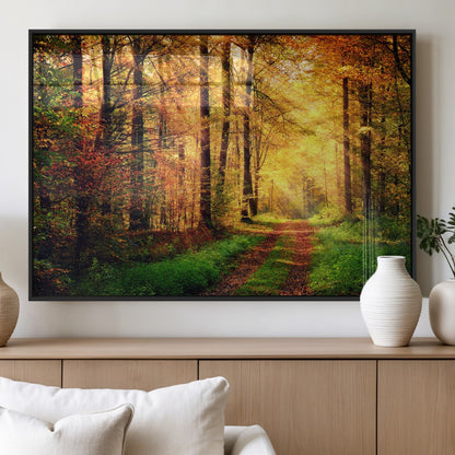 73494-MGV-FP-36X24-3P_Black-Golden Autumn Forest Path Wall Art – Sunlit Woodland Canvas Print, Fall Nature Landscape Home Decor
