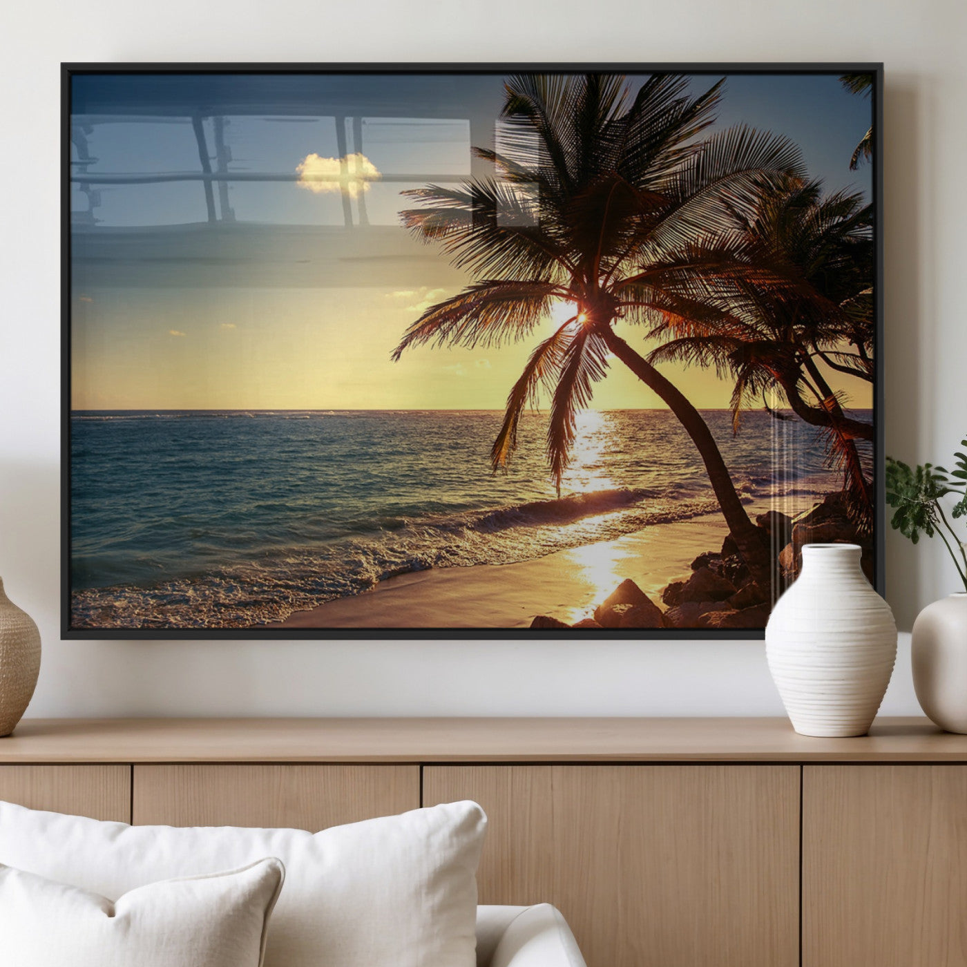 82710-MGV-FP-60X30-3P_Black-Palm Tree Sunset Beach Wall Art – Tropical Ocean Canvas Print, Coastal Paradise Seascape Decor for Living Room or Office Wall