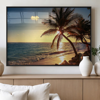 82710-MGV-FP-60X30-3P_Black-Palm Tree Sunset Beach Wall Art – Tropical Ocean Canvas Print, Coastal Paradise Seascape Decor for Living Room or Office Wall