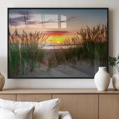 25576-MGV-FP-60X30-3P_Black-Beach Grass Sunset Wall Art – Coastal Sand Dune Landscape Canvas Print, Ocean View Nature Decor for Living Room or Office Wall
