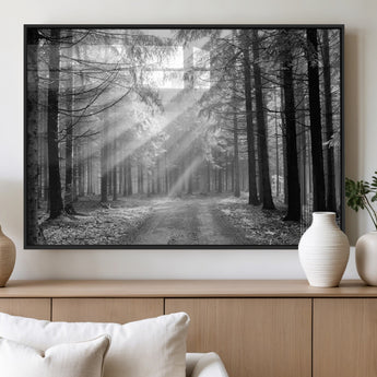 39665-MGV-FP-36X24-3P_Black-Black and White Forest Path Wall Art – Sunlight Rays in Trees Canvas Print, Nature Landscape Decor for Living Room or Office