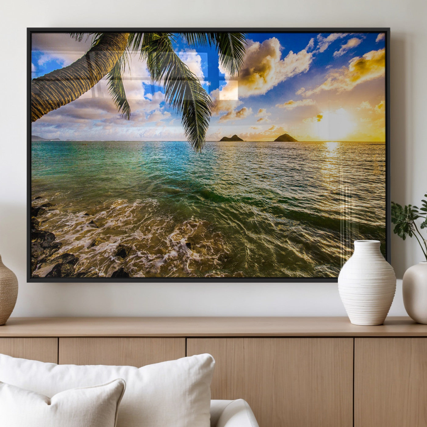 68606-MGV-FP-36X24-3P_Black-Tropical Palm Tree Ocean Wall Art – Sunset Beach Seascape Print, Coastal Paradise Decor for Living Room or Office