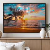 34674-MGV-FP-60X30-3P_Black-Tropical Sunset Beach Wall Art – Palm Tree Ocean Canvas Print, Coastal Seascape Decor for Living Room or Office Wall