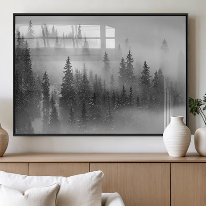 57235-MGV-FP-36X24-3P_Black-Misty Pine Forest Wall Art – Black and White Mountain Landscape Canvas Print, Nature Woodland Decor for Living Room, Bedroom or