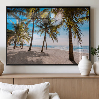 98175-MGV-FP-36X24-3P_Black-Tropical Palm Beach Wall Art – Relaxing Ocean Shore Canvas Print with Palm Trees, Coastal Summer Decor for Living Room, Bedroom or