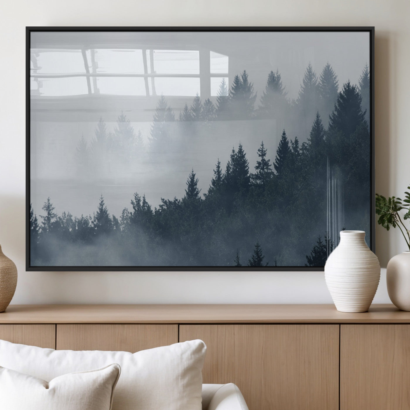23671-MGV-FP-60X30-3P_Black-Misty Forest Wall Art – Serene Foggy Pine Trees Landscape Canvas Print, Tranquil Nature Decor for Living Room, Bedroom or Office