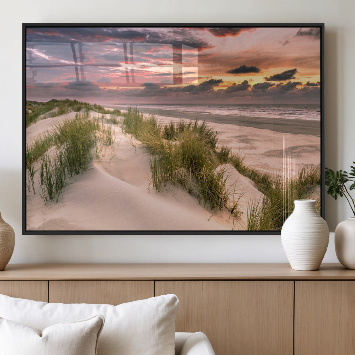 60570-MGV-FP-60X30-3P_Black-Beach Sunset Wall Art – Coastal Sand Dunes and Ocean Horizon Canvas Print, Tranquil Seascape Photography Decor for Living Room or