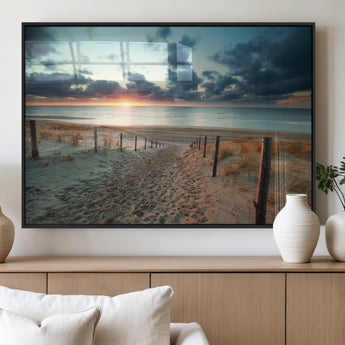 25788-MGV-FP-60X30-3P_Black-Sunset Beach Path Wall Art – Scenic Coastal Dunes and Ocean Canvas Print, Tranquil Seaside Landscape Decor for Living Room or