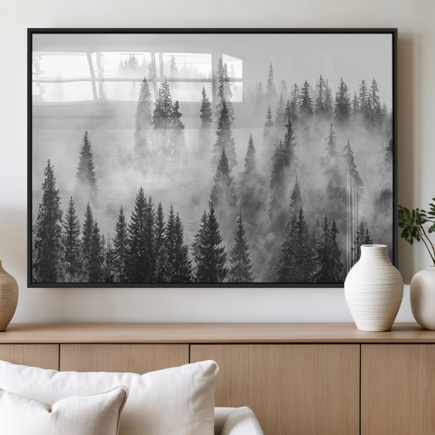 10422-MGV-FP-36X24-3P_Black-Misty Pine Forest Wall Art – Black and White Foggy Landscape Canvas Print, Serene Nature Woodland Decor for Bedroom, Office or