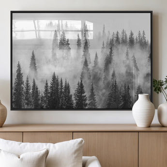 10422-MGV-FP-36X24-3P_Black-Misty Pine Forest Wall Art – Black and White Foggy Landscape Canvas Print, Serene Nature Woodland Decor for Bedroom, Office or