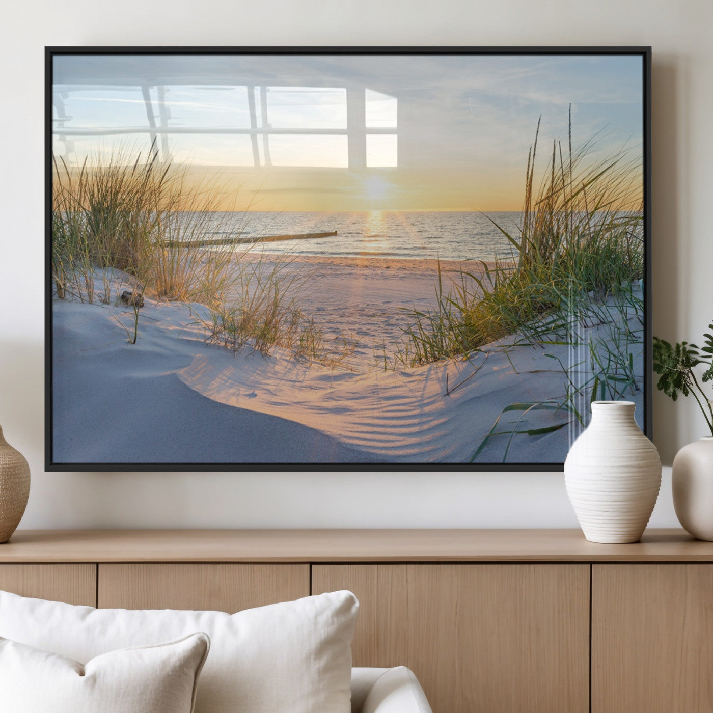 48907-MGV-FP-60X30-3P_Black-Beach Sunset Wall Art – Coastal Sand Dunes and Ocean View Canvas Print, Serene Seaside Landscape Painting for Living Room, Bedroom