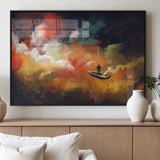 45085-MGV-FP-36X24-3P_Black-Surreal Cosmic Wall Art – Abstract Galaxy Dreamscape Canvas Print with Man and Dog in Boat, Fantasy Nebula Painting for Living