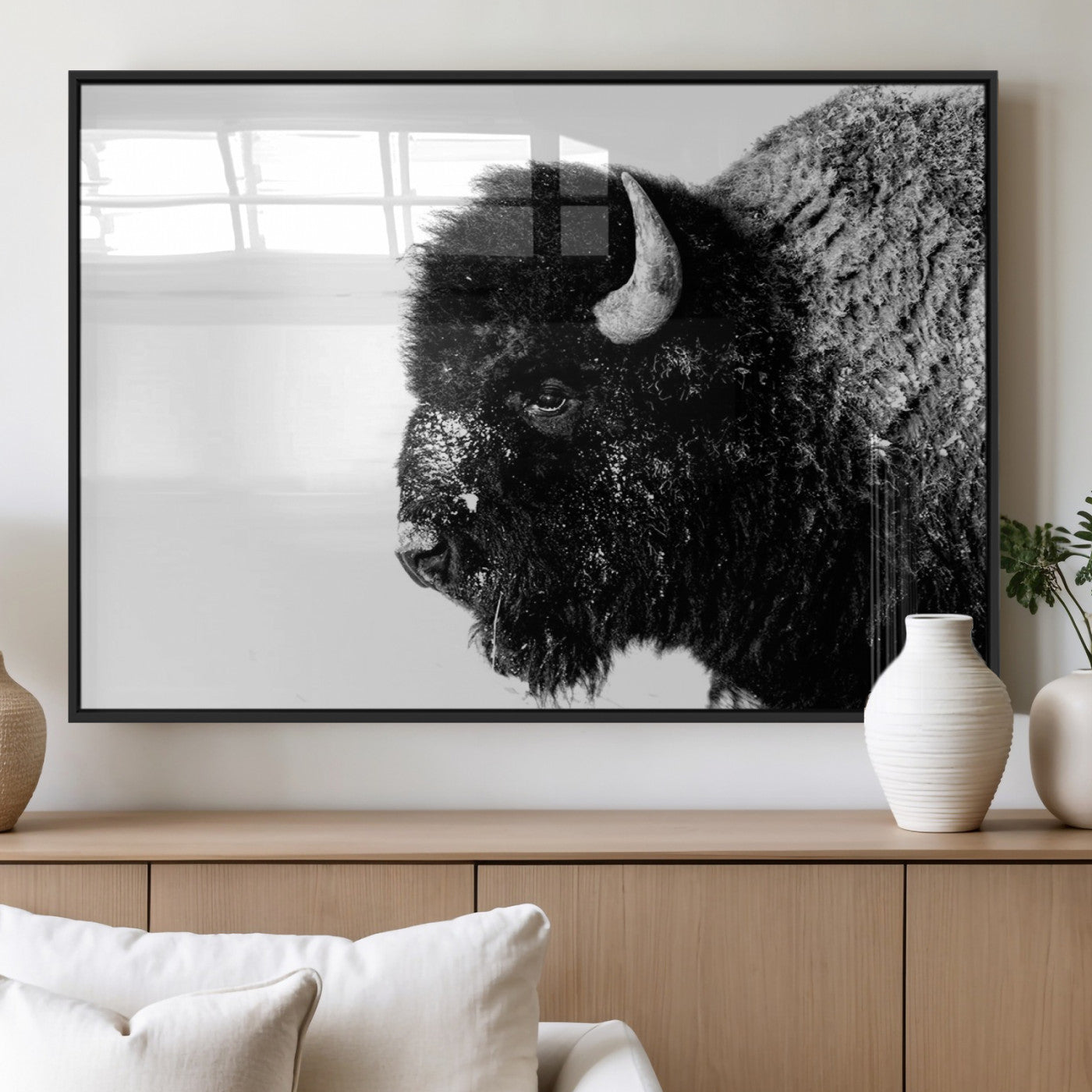 68780-MGV-FP-36X24-3P_Black-Bison Close-Up Wall Art – Black and White Buffalo Canvas Print, Rustic Wildlife Photography Decor for Living Room, Office, or