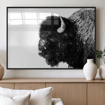68780-MGV-FP-60X30-3P_Black-Bison Close-Up Wall Art – Black and White Buffalo Canvas Print, Rustic Wildlife Photography Decor for Living Room, Office, or